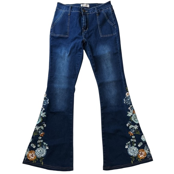 Bamboo Floral Embroidered Flare Jeans Dark Wash Bell Bottom High Rise Size 9 - Picture 2 of 13